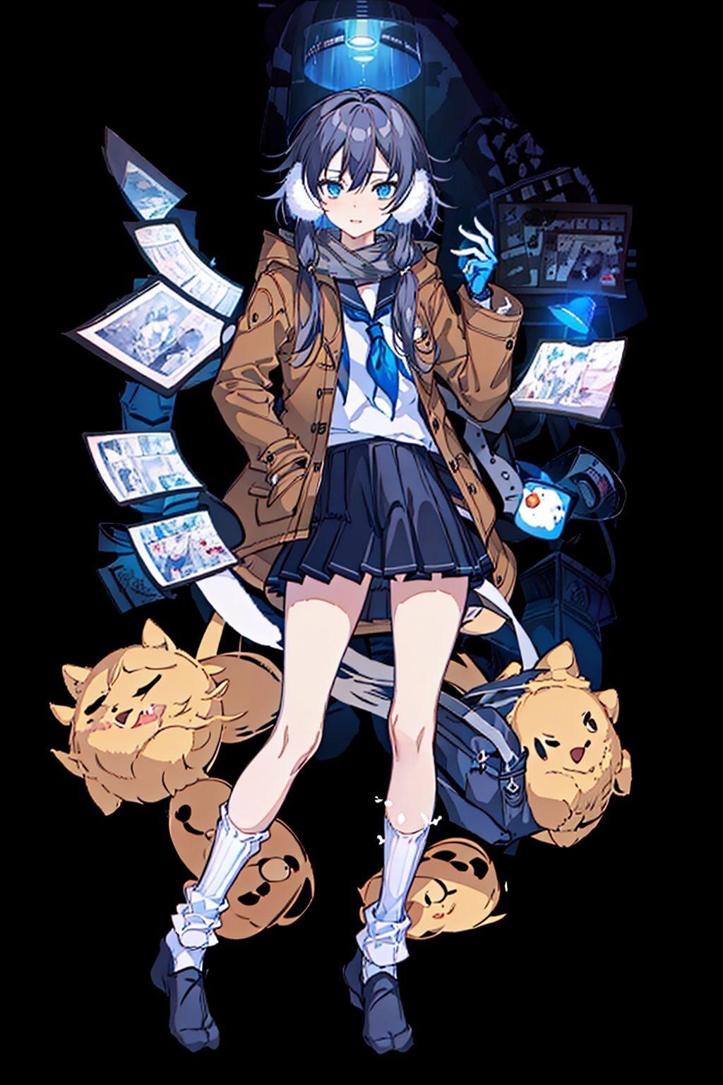 (masterpiece:1.3),(the best quality:1.2),(super fine illustrations:1.2),(Masterpiece),high quality,high detail,(white background:1.2),looking at viewer,(SOLO:1.4),outline,simplebackground,, scarf,skirt,bag,school bag,school uniform,bag charm,plaid scarf,shoulder bag,gloves,blue skirt,silk,brown footwear,shoes,scarf over mouth,duffel bag,fu hua,blue_eyes,hair_between_eyes,(white earmuffs),pleated skirt,((serafuku, (((loose socks, ))) white scarf, neckerchief, )),