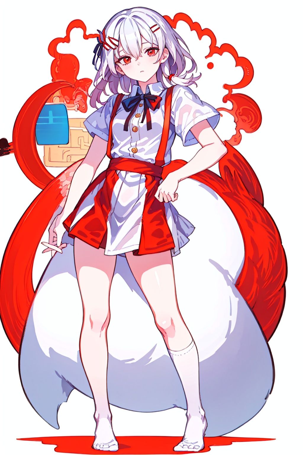 (masterpiece:1.3),(the best quality:1.2),(super fine illustrations:1.2),(Masterpiece),high quality,high detail,(white background:1.2),looking at viewer,(SOLO:1.4),outline,simplebackground,, hair ornament,long hair,white hair,red eyes,short sleeves,suspenders,hair between eyes,red hair,multicolored hair,very long hair,hairclip,bangs,red skirt,red ribbon,thighhighs,suspender skirt,pink hair,chibi,ribbon,kneehighs,puffy short sleeves,white shirt,collared shirt,low twintails,
