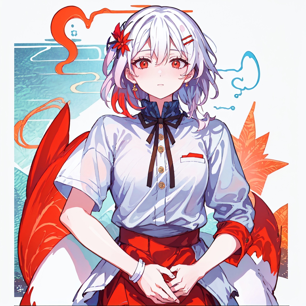  (masterpiece:1.3),(the best quality:1.2),(super fine illustrations:1.2),(Masterpiece),high quality,high detail,(white background:1.2),looking at viewer,(SOLO:1.4),outline,simplebackground,, hair ornament,long hair,white hair,red eyes,short sleeves,suspenders,hair between eyes,red hair,multicolored hair,very long hair,hairclip,bangs,red skirt,red ribbon,thighhighs,suspender skirt,pink hair,chibi,ribbon,kneehighs,puffy short sleeves,white shirt,collared shirt,low twintails,