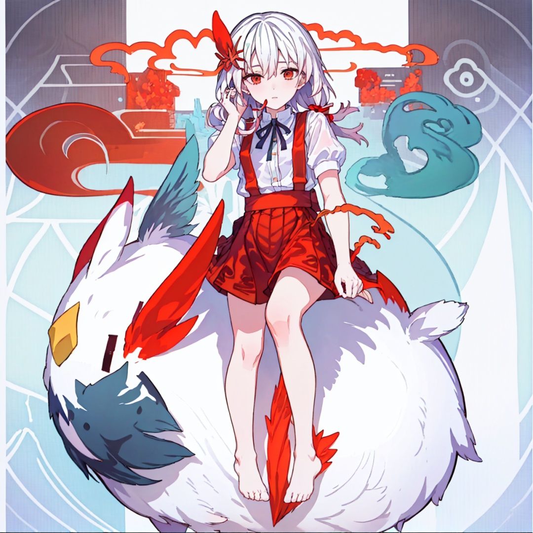 (masterpiece:1.3),(the best quality:1.2),(super fine illustrations:1.2),(Masterpiece),high quality,high detail,(white background:1.2),looking at viewer,(SOLO:1.4),outline,simplebackground,, hair ornament,long hair,white hair,red eyes,short sleeves,suspenders,hair between eyes,red hair,multicolored hair,very long hair,hairclip,bangs,red skirt,red ribbon,thighhighs,suspender skirt,pink hair,chibi,ribbon,kneehighs,puffy short sleeves,white shirt,collared shirt,low twintails,