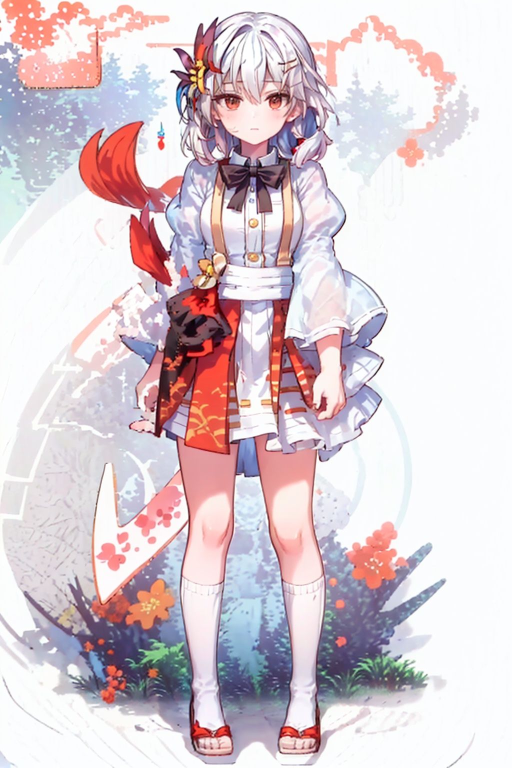 (masterpiece:1.3),(the best quality:1.2),(super fine illustrations:1.2),(Masterpiece),high quality,high detail,(white background:1.2),looking at viewer,(SOLO:1.4),outline,simplebackground,, hair ornament,long hair,white hair,red eyes,short sleeves,suspenders,hair between eyes,red hair,multicolored hair,very long hair,hairclip,bangs,red skirt,red ribbon,thighhighs,suspender skirt,pink hair,chibi,ribbon,kneehighs,puffy short sleeves,white shirt,collared shirt,low twintails,