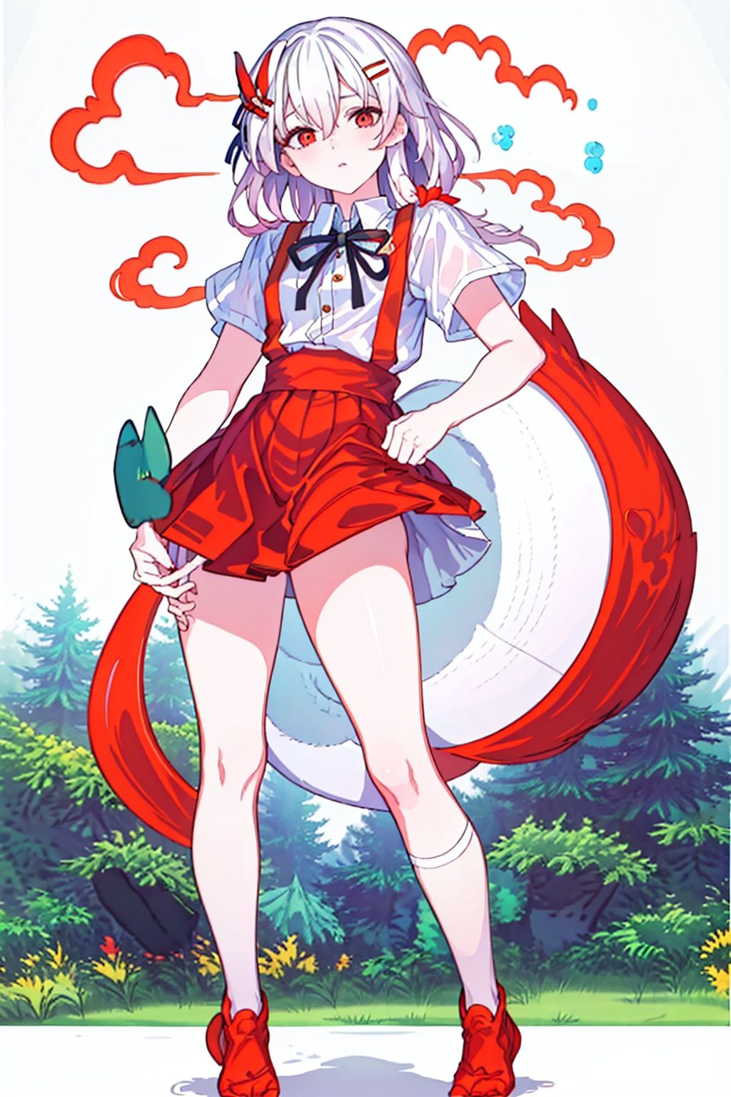 (masterpiece:1.3),(the best quality:1.2),(super fine illustrations:1.2),(Masterpiece),high quality,high detail,(white background:1.2),looking at viewer,(SOLO:1.4),outline,simplebackground,, hair ornament,long hair,white hair,red eyes,short sleeves,suspenders,hair between eyes,red hair,multicolored hair,very long hair,hairclip,bangs,red skirt,red ribbon,thighhighs,suspender skirt,pink hair,chibi,ribbon,kneehighs,puffy short sleeves,white shirt,collared shirt,low twintails,
