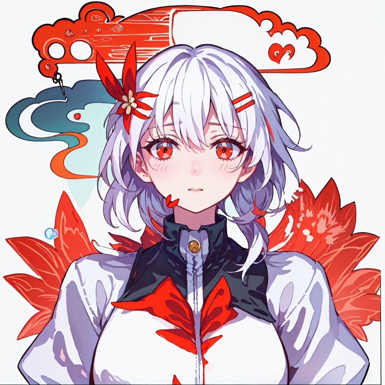 (masterpiece:1.3),(the best quality:1.2),(super fine illustrations:1.2),(Masterpiece),high quality,high detail,(white background:1.2),looking at viewer,(SOLO:1.4),outline,simplebackground,, hair ornament,long hair,white hair,red eyes,short sleeves,suspenders,hair between eyes,red hair,multicolored hair,very long hair,hairclip,bangs,red skirt,red ribbon,thighhighs,suspender skirt,pink hair,chibi,ribbon,kneehighs,puffy short sleeves,white shirt,collared shirt,low twintails,