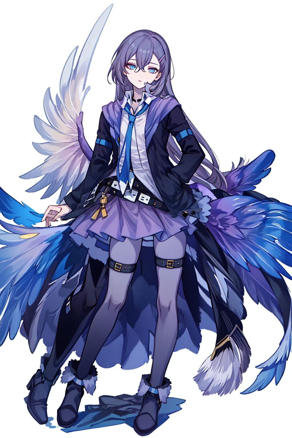 (masterpiece:1.3),(the best quality:1.2),(super fine illustrations:1.2),(Masterpiece),high quality,high detail,(white background:1.2),looking at viewer,(SOLO:1.4),outline,simplebackground,, feathered wings,wings,angel wings,bangs,thighhighs,high heels,boots,bird tail,bird wings,choker,white shirt,skirt,belt buckle,necktie,holding eyewear,open jacket,thigh holster,thigh strap,hair between eyes,jacket,blue eyes,belt,long hair,hairclip,