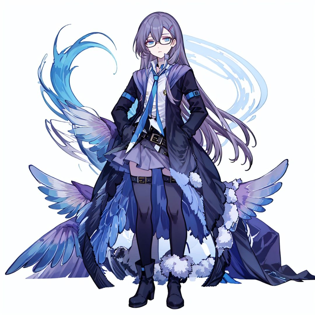 (masterpiece:1.3),(the best quality:1.2),(super fine illustrations:1.2),(Masterpiece),high quality,high detail,(white background:1.2),looking at viewer,(SOLO:1.4),outline,simplebackground,, feathered wings,wings,angel wings,bangs,thighhighs,high heels,boots,bird tail,bird wings,choker,white shirt,skirt,belt buckle,necktie,holding eyewear,open jacket,thigh holster,thigh strap,hair between eyes,jacket,blue eyes,belt,long hair,hairclip,