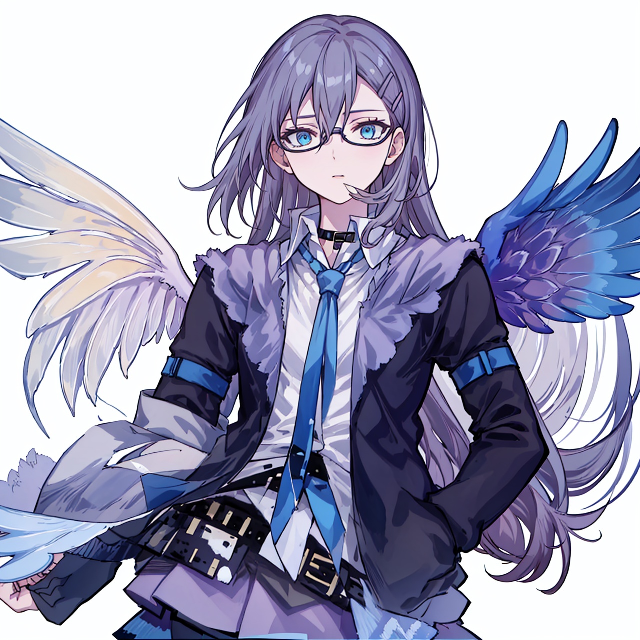  (masterpiece:1.3),(the best quality:1.2),(super fine illustrations:1.2),(Masterpiece),high quality,high detail,(white background:1.2),looking at viewer,(SOLO:1.4),outline,simplebackground,, feathered wings,wings,angel wings,bangs,thighhighs,high heels,boots,bird tail,bird wings,choker,white shirt,skirt,belt buckle,necktie,holding eyewear,open jacket,thigh holster,thigh strap,hair between eyes,jacket,blue eyes,belt,long hair,hairclip,