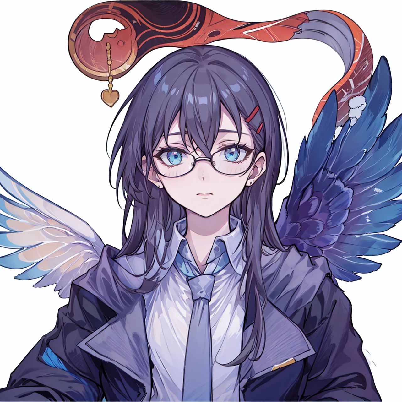  (masterpiece:1.3),(the best quality:1.2),(super fine illustrations:1.2),(Masterpiece),high quality,high detail,(white background:1.2),looking at viewer,(SOLO:1.4),outline,simplebackground,, feathered wings,wings,angel wings,bangs,thighhighs,high heels,boots,bird tail,bird wings,choker,white shirt,skirt,belt buckle,necktie,holding eyewear,open jacket,thigh holster,thigh strap,hair between eyes,jacket,blue eyes,belt,long hair,hairclip,