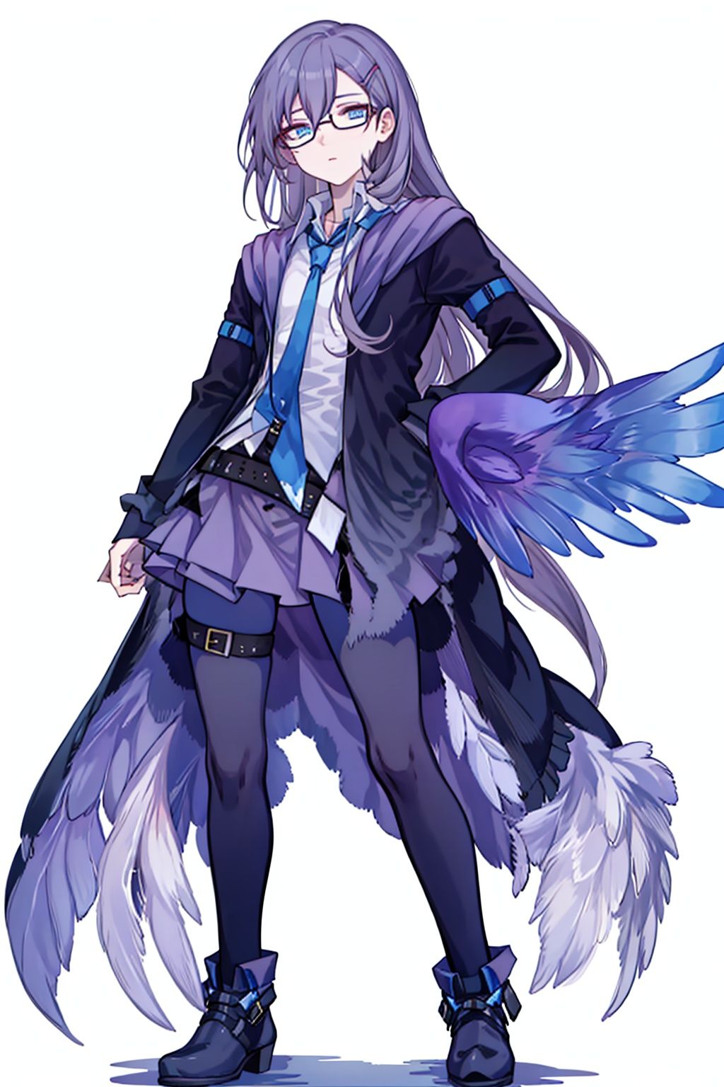 (masterpiece:1.3),(the best quality:1.2),(super fine illustrations:1.2),(Masterpiece),high quality,high detail,(white background:1.2),looking at viewer,(SOLO:1.4),outline,simplebackground,, feathered wings,wings,angel wings,bangs,thighhighs,high heels,boots,bird tail,bird wings,choker,white shirt,skirt,belt buckle,necktie,holding eyewear,open jacket,thigh holster,thigh strap,hair between eyes,jacket,blue eyes,belt,long hair,hairclip,