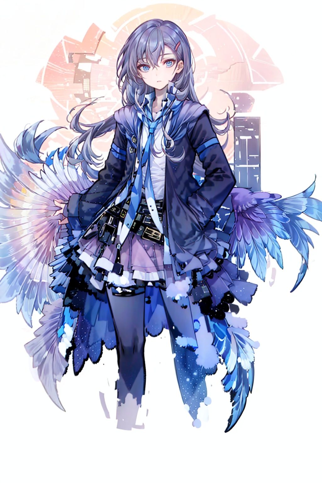 (masterpiece:1.3),(the best quality:1.2),(super fine illustrations:1.2),(Masterpiece),high quality,high detail,(white background:1.2),looking at viewer,(SOLO:1.4),outline,simplebackground,, feathered wings,wings,angel wings,bangs,thighhighs,high heels,boots,bird tail,bird wings,choker,white shirt,skirt,belt buckle,necktie,holding eyewear,open jacket,thigh holster,thigh strap,hair between eyes,jacket,blue eyes,belt,long hair,hairclip,