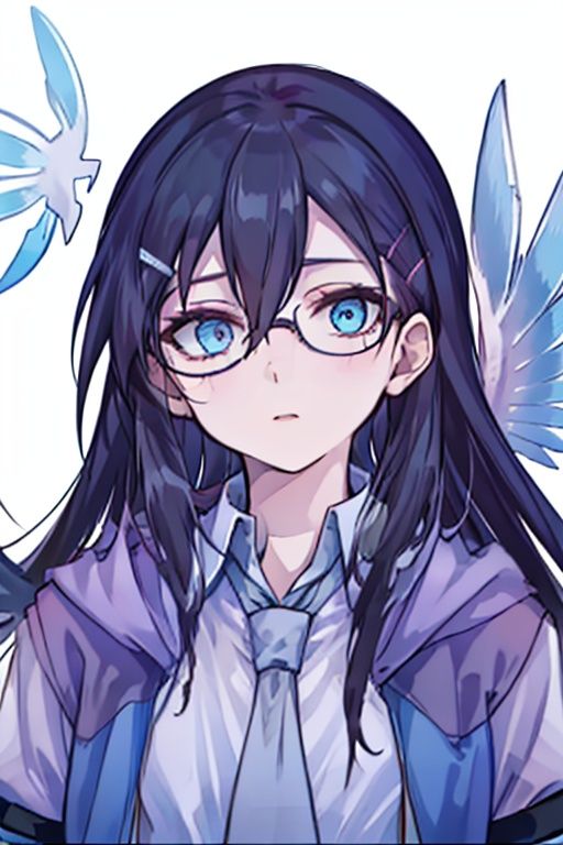 (masterpiece:1.3),(the best quality:1.2),(super fine illustrations:1.2),(Masterpiece),high quality,high detail,(white background:1.2),looking at viewer,(SOLO:1.4),outline,simple background,<lora:符华-蓝鹊:0.8>, feathered wings,wings,angel wings,bangs,thighhighs,high heels,boots,bird tail,bird wings,choker,white shirt,skirt,belt buckle,necktie,holding eyewear,open jacket,thigh holster,thigh strap,hair between eyes,jacket,blue eyes,belt,long hair,hairclip,