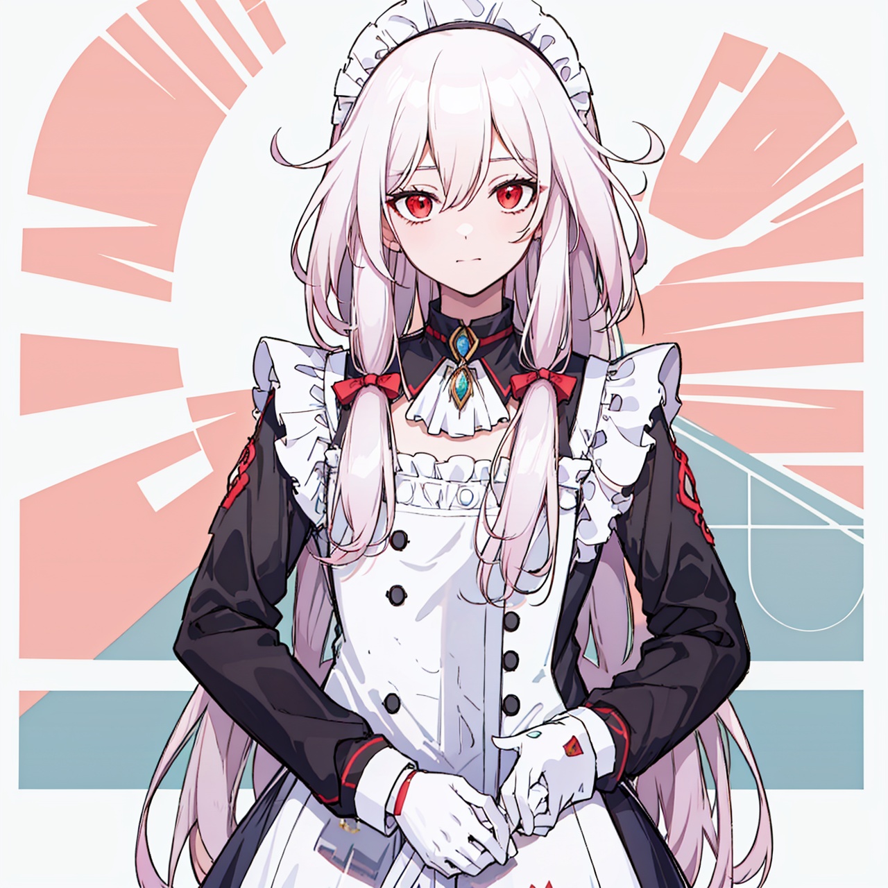  (masterpiece:1.3),(the best quality:1.2),(super fine illustrations:1.2),(Masterpiece),high quality,high detail,(white background:1.2),looking at viewer,(SOLO:1.4),outline,simplebackground,, red eyes,long hair,hair between eyes,very long hair,white hair,maid headdress,bangs,maid,long sleeves,hair ornament,braid,thighhighs,white apron,wa maid,frilled apron,red bow,black dress,dress,maid apron,white gloves,low twintails,apron,jewelry,multicolored hair,