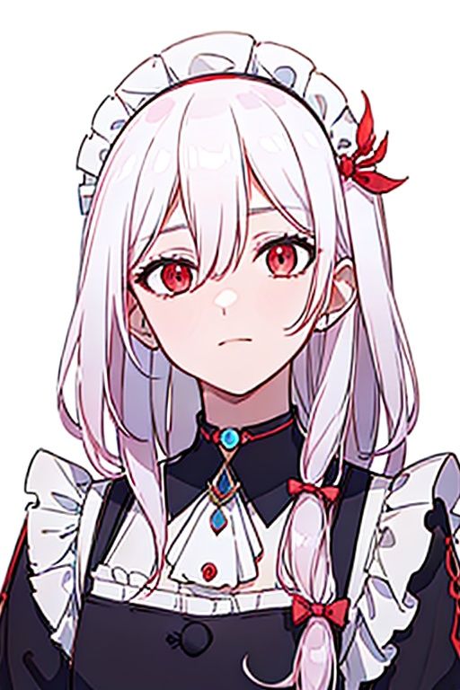 (masterpiece:1.3),(the best quality:1.2),(super fine illustrations:1.2),(Masterpiece),high quality,high detail,(white background:1.2),looking at viewer,(SOLO:1.4),outline,simple background,<lora:符华-女仆:0.8>, red eyes,long hair,hair between eyes,very long hair,white hair,maid headdress,bangs,maid,long sleeves,hair ornament,braid,thighhighs,white apron,wa maid,frilled apron,red bow,black dress,dress,maid apron,white gloves,low twintails,apron,jewelry,multicolored hair,