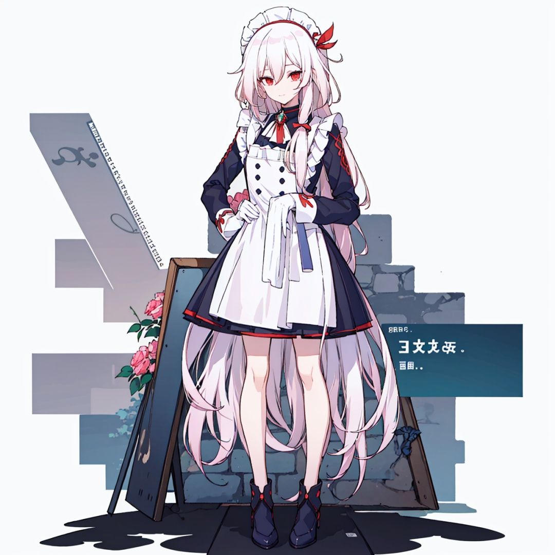(masterpiece:1.3),(the best quality:1.2),(super fine illustrations:1.2),(Masterpiece),high quality,high detail,(white background:1.2),looking at viewer,(SOLO:1.4),outline,simplebackground,, red eyes,long hair,hair between eyes,very long hair,white hair,maid headdress,bangs,maid,long sleeves,hair ornament,braid,thighhighs,white apron,wa maid,frilled apron,red bow,black dress,dress,maid apron,white gloves,low twintails,apron,jewelry,multicolored hair,