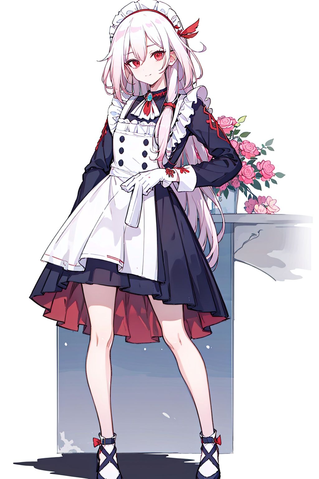 (masterpiece:1.3),(the best quality:1.2),(super fine illustrations:1.2),(Masterpiece),high quality,high detail,(white background:1.2),looking at viewer,(SOLO:1.4),outline,simplebackground,, red eyes,long hair,hair between eyes,very long hair,white hair,maid headdress,bangs,maid,long sleeves,hair ornament,braid,thighhighs,white apron,wa maid,frilled apron,red bow,black dress,dress,maid apron,white gloves,low twintails,apron,jewelry,multicolored hair,