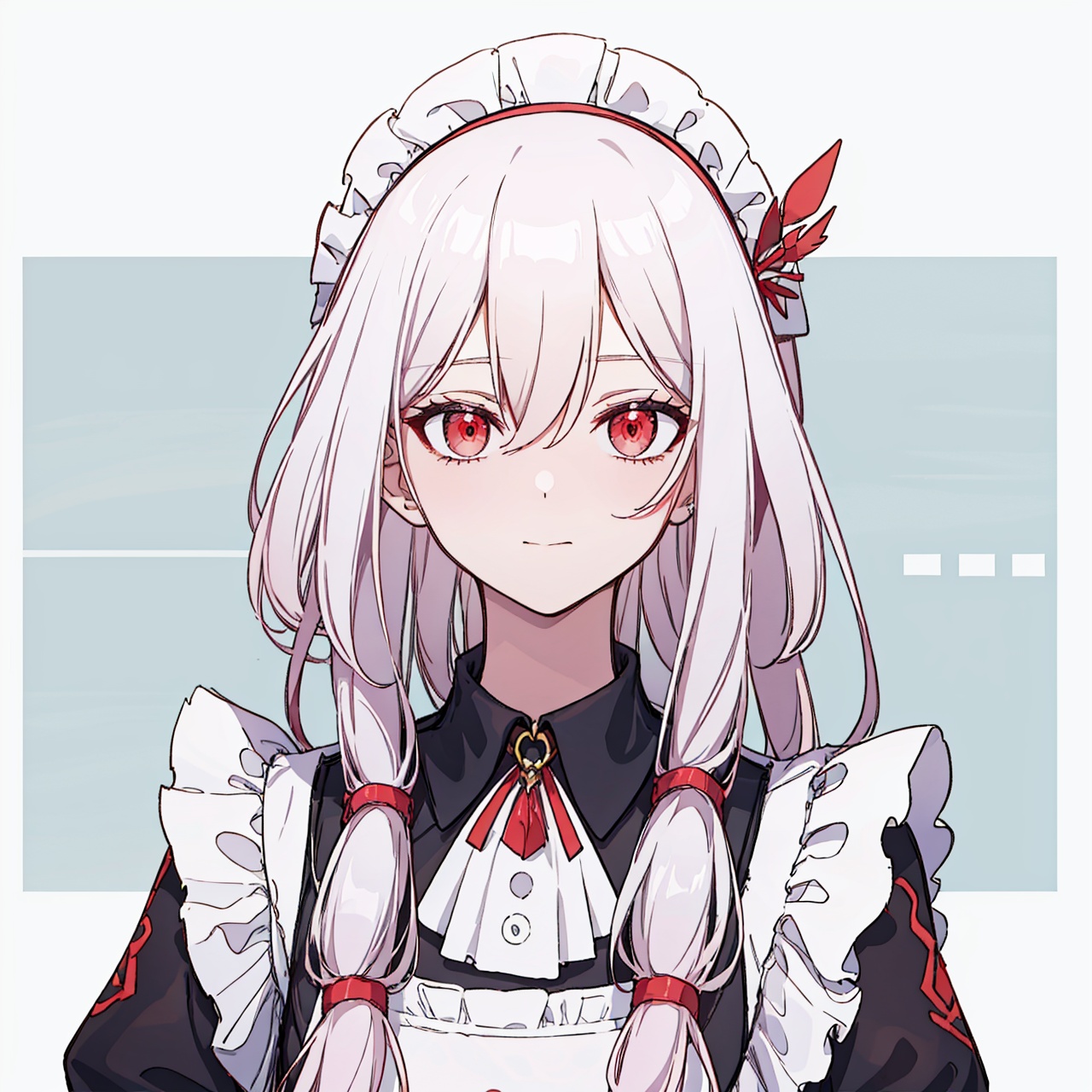  (masterpiece:1.3),(the best quality:1.2),(super fine illustrations:1.2),(Masterpiece),high quality,high detail,(white background:1.2),looking at viewer,(SOLO:1.4),outline,simplebackground,, red eyes,long hair,hair between eyes,very long hair,white hair,maid headdress,bangs,maid,long sleeves,hair ornament,braid,thighhighs,white apron,wa maid,frilled apron,red bow,black dress,dress,maid apron,white gloves,low twintails,apron,jewelry,multicolored hair,