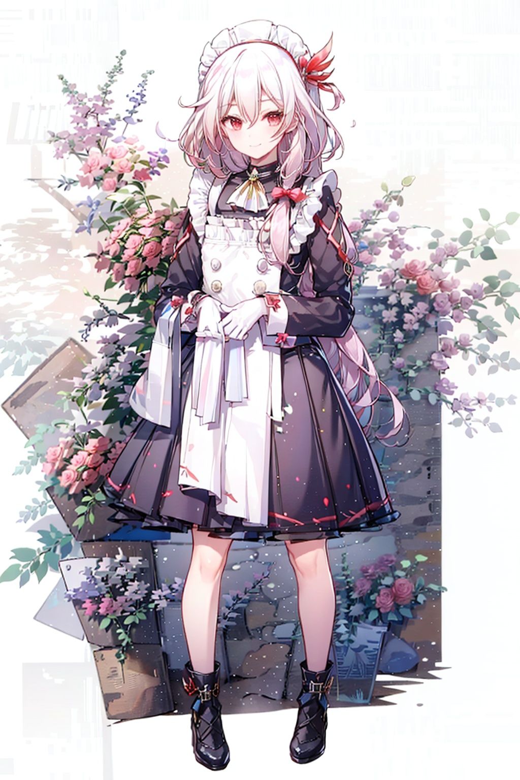 (masterpiece:1.3),(the best quality:1.2),(super fine illustrations:1.2),(Masterpiece),high quality,high detail,(white background:1.2),looking at viewer,(SOLO:1.4),outline,simplebackground,, red eyes,long hair,hair between eyes,very long hair,white hair,maid headdress,bangs,maid,long sleeves,hair ornament,braid,thighhighs,white apron,wa maid,frilled apron,red bow,black dress,dress,maid apron,white gloves,low twintails,apron,jewelry,multicolored hair,