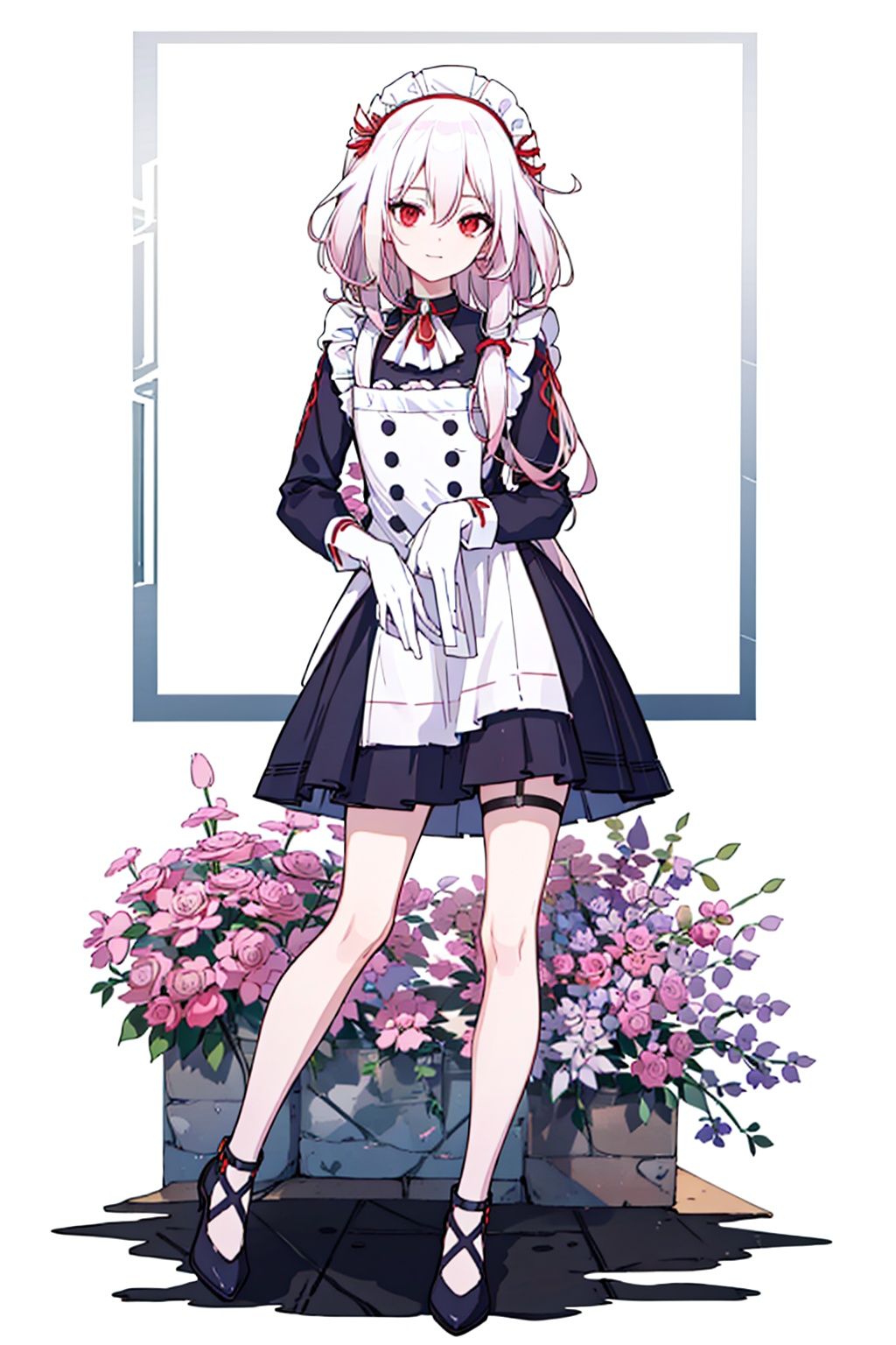 (masterpiece:1.3),(the best quality:1.2),(super fine illustrations:1.2),(Masterpiece),high quality,high detail,(white background:1.2),looking at viewer,(SOLO:1.4),outline,simplebackground,, red eyes,long hair,hair between eyes,very long hair,white hair,maid headdress,bangs,maid,long sleeves,hair ornament,braid,thighhighs,white apron,wa maid,frilled apron,red bow,black dress,dress,maid apron,white gloves,low twintails,apron,jewelry,multicolored hair,
