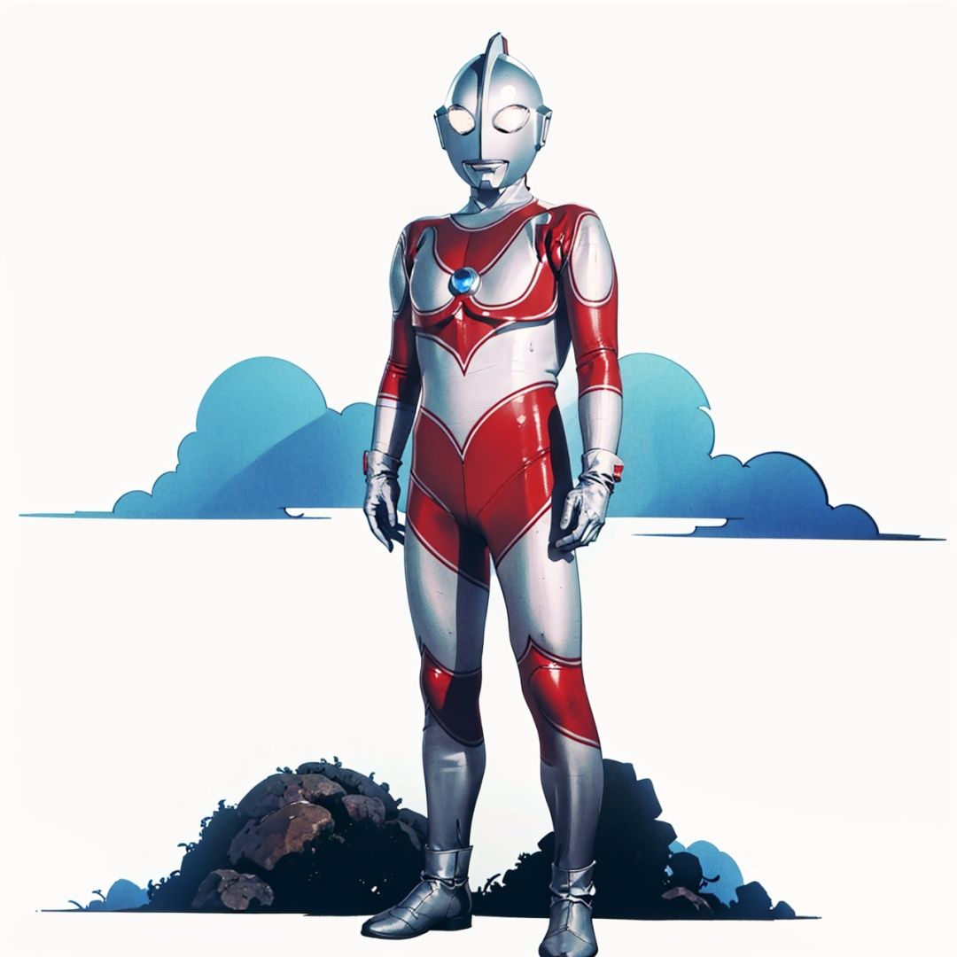 (masterpiece:1.3), (the best quality:1.2), (super fine illustrations:1.2), (Masterpiece), high quality, high detail,((white background:1.2)), looking at viewer, (SOLO:1.4),outline,,simple background,white bodysuit,white gloves,legwear,gloves,boots,logo,cover,mask,plugsuit,gem,bodysuit,red pattern on body,white tight-fitting,white footwear,helmet,leather suit,ultraman,latex