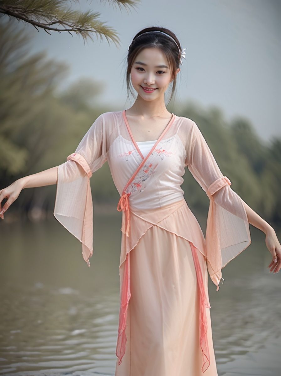  best quality,highly detailed,dancing ,
dancedress, smile,headwear, see_through, river, Chinese architecture, dancedress,