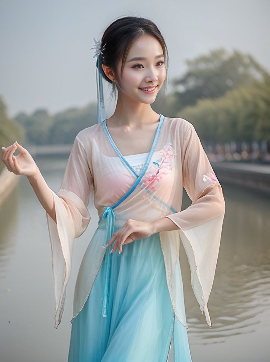  best quality,highly detailed,dancing ,
dancedress, smile,headwear, see_through, river, Chinese architecture, dancedress,