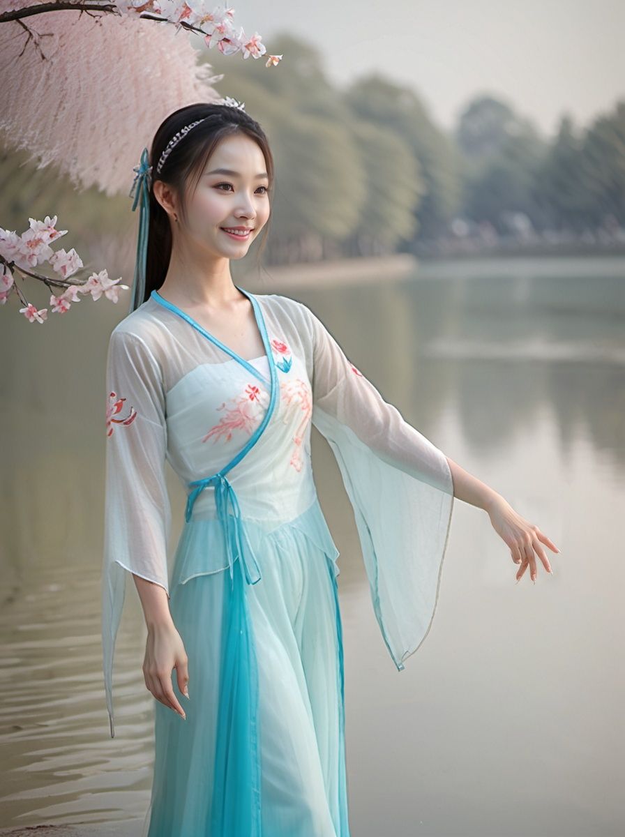  best quality,highly detailed,dancing ,
dancedress, smile,headwear, see_through, river, Chinese architecture, dancedress,