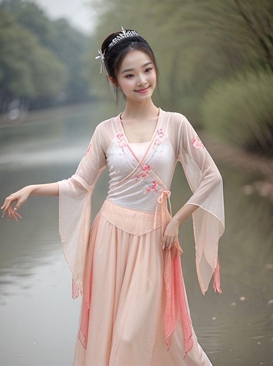  best quality,highly detailed,dancing ,
dancedress, smile,headwear, see_through, river, Chinese architecture, dancedress,