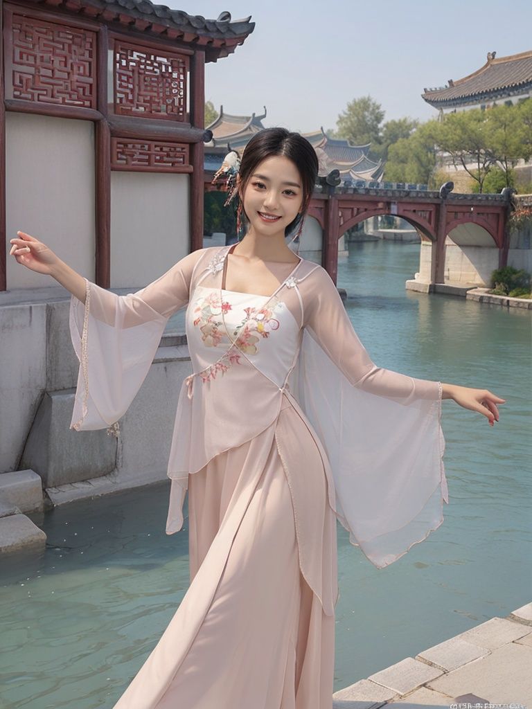  best quality,highly detailed,dancing ,
dancedress, smile,headwear, see_through, river, Chinese architecture, dancedress, 
