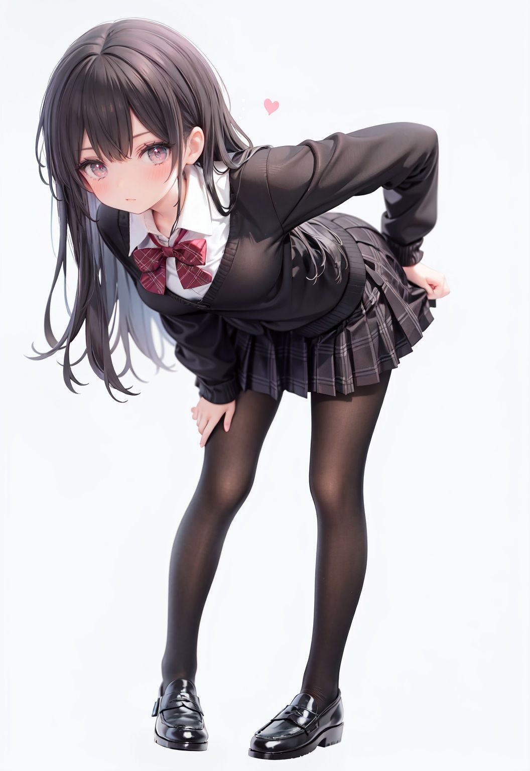  1girl, solo, pantyhose, skirt, long hair, loafers, shoes, simple background, school uniform, brown eyes, plaid, black pantyhose, plaid skirt, looking at viewer, black hair, pantyhose pull, full body, clothes pull, black footwear, pleated skirt, leaning forward, bangs, long sleeves, bent over, cardigan, bow, bowtie, standing, closed mouth, pulled by self, grey background, blush, miniskirt, red bow, sweater, **********