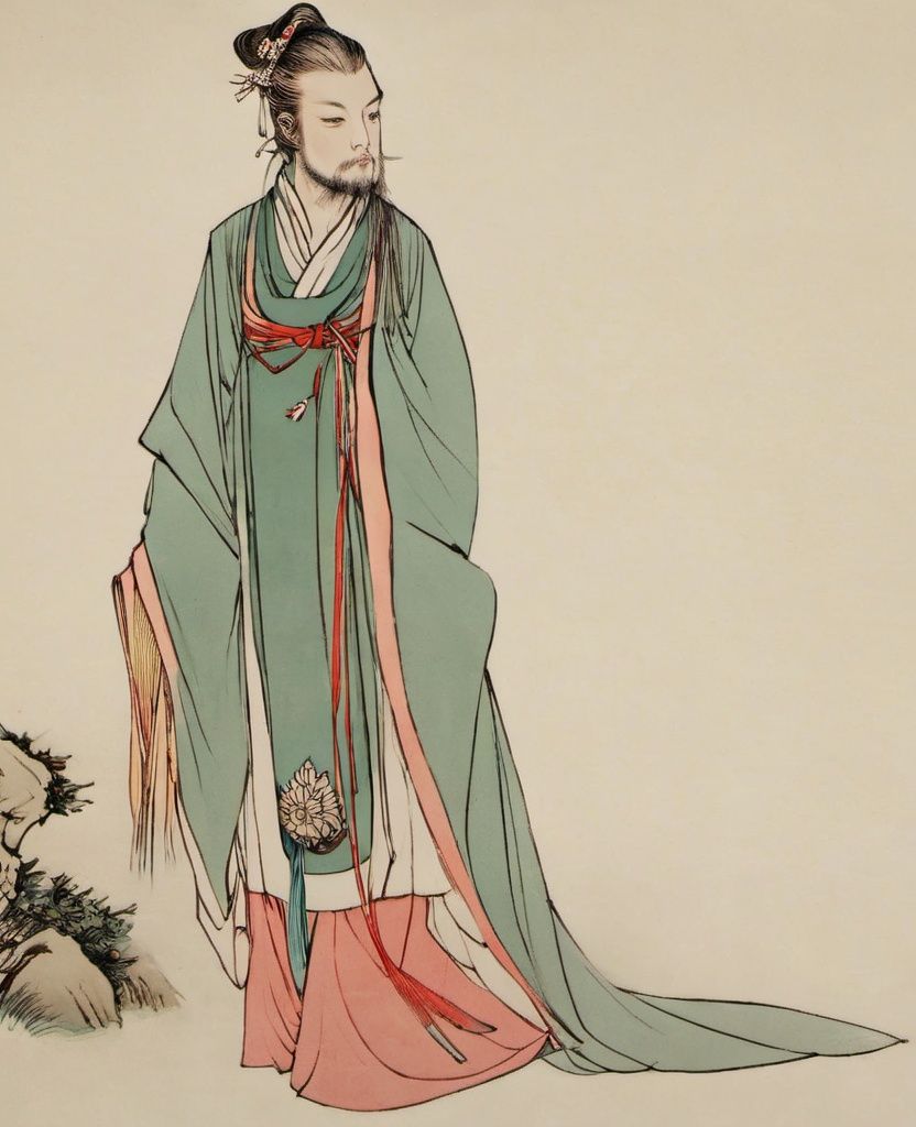 1man,  facial hair, chinese clothes,  hanfu, long sleeves, wide sleeves, <lora:白描人物XL_V1.0:1>, masterpiece, best quality,