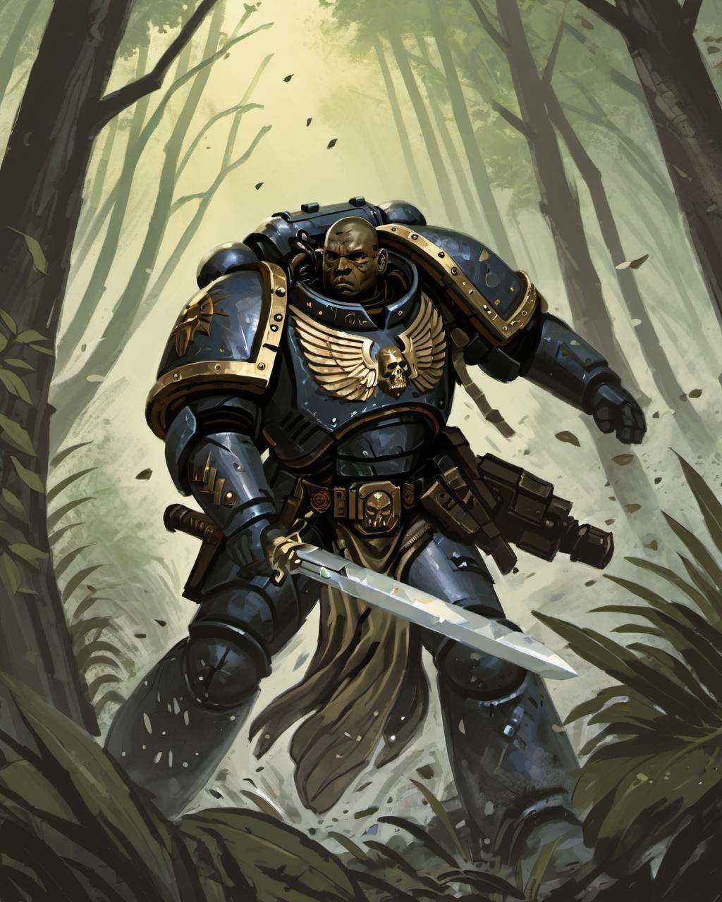 an illustration of a soldier in knight armor,  cutting through the jungle with a power sword on Tensor.Art
