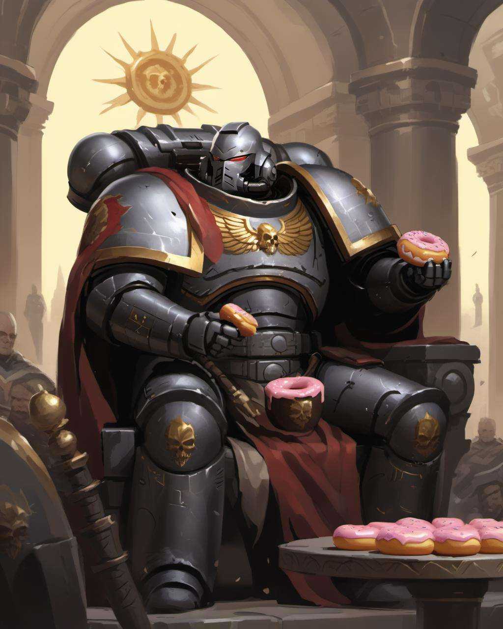 an illustration of a man wearing silver knight armor,  ,  eating a donut whilst sat on a giant throne in a palace on Tenso...