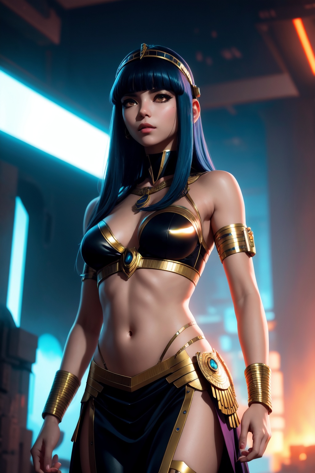 Tranquil Relaxing Atmosphere,  Cleopatra,  reimaged in a cyberpunk universe on Tensor.Art