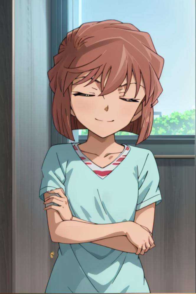 haibaratv,1girl,anime screencap,brown hair,short hair,t-shirt,indoors,table,sleeping,closed eyes, smile, upper body, <lora:haibaratv:0.8>