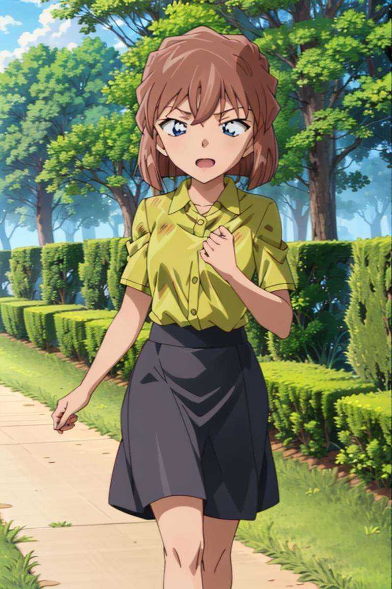 haibaratv,1girl,anime screencap,brown hair,short hair,collared shirt,skirt,outdoors, walking,  <lora:haibaratv:0.8>