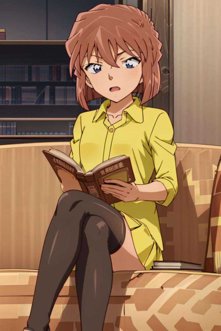 haibaratv,1girl,anime screencap,brown hair,short hair,collared shirt,skirt,indoors, sitting,reading book,couch,  <lora:haibaratv:0.8>