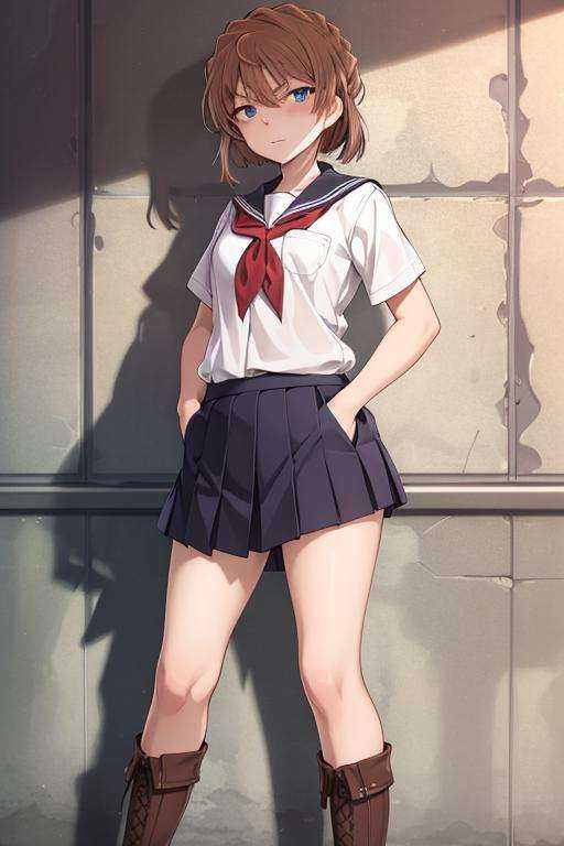 masterpiece,best quality,solo,1girl,boots,blue eyes, highres, looking at viewer,standing,(school uniform:1.3), brown hair, hands in pockets,big eyes, <lora:haibara:0.8>