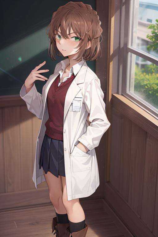 masterpiece,colorful,best quality,solo,1girl,boots,green eyes, highres, looking at viewer,standing, labcoat, (school uniform:1.3), brown hair, hands in pockets, <lora:haibara:0.8>