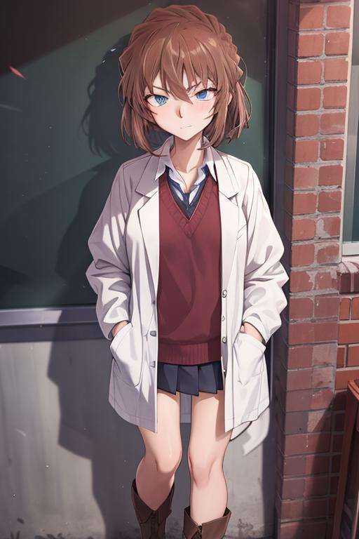masterpiece,best quality,solo,1girl,boots,blue eyes, highres, looking at viewer,standing, labcoat, (school uniform:1.3), brown hair, hands in pockets,big eyes, <lora:haibara:0.8>
