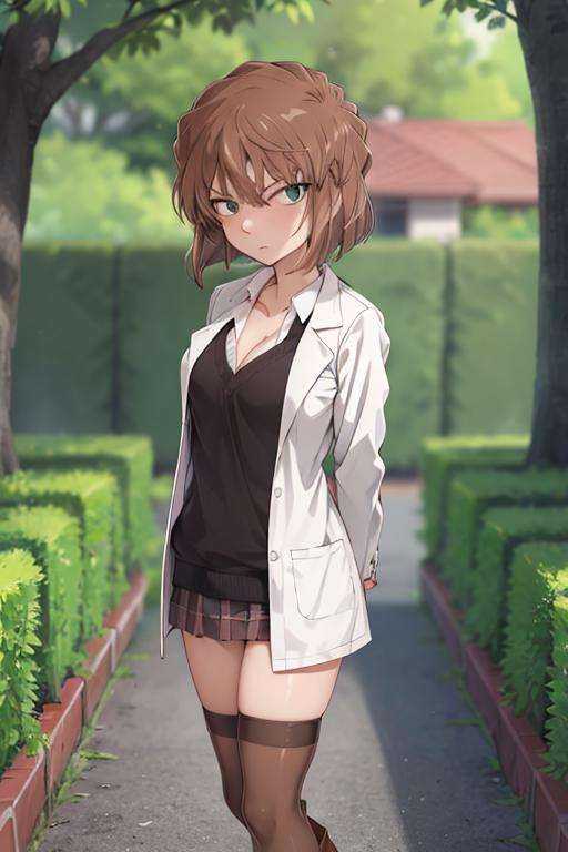 masterpiece,best quality,solo,haibara,1girl,boots,green eyes, highres, looking at viewer,cleavage,brown hair,outdoors,tree,(black legwear:1.3),school uniform,standing, arms behind back, serious, labcoat, <lora:haibara:0.8>