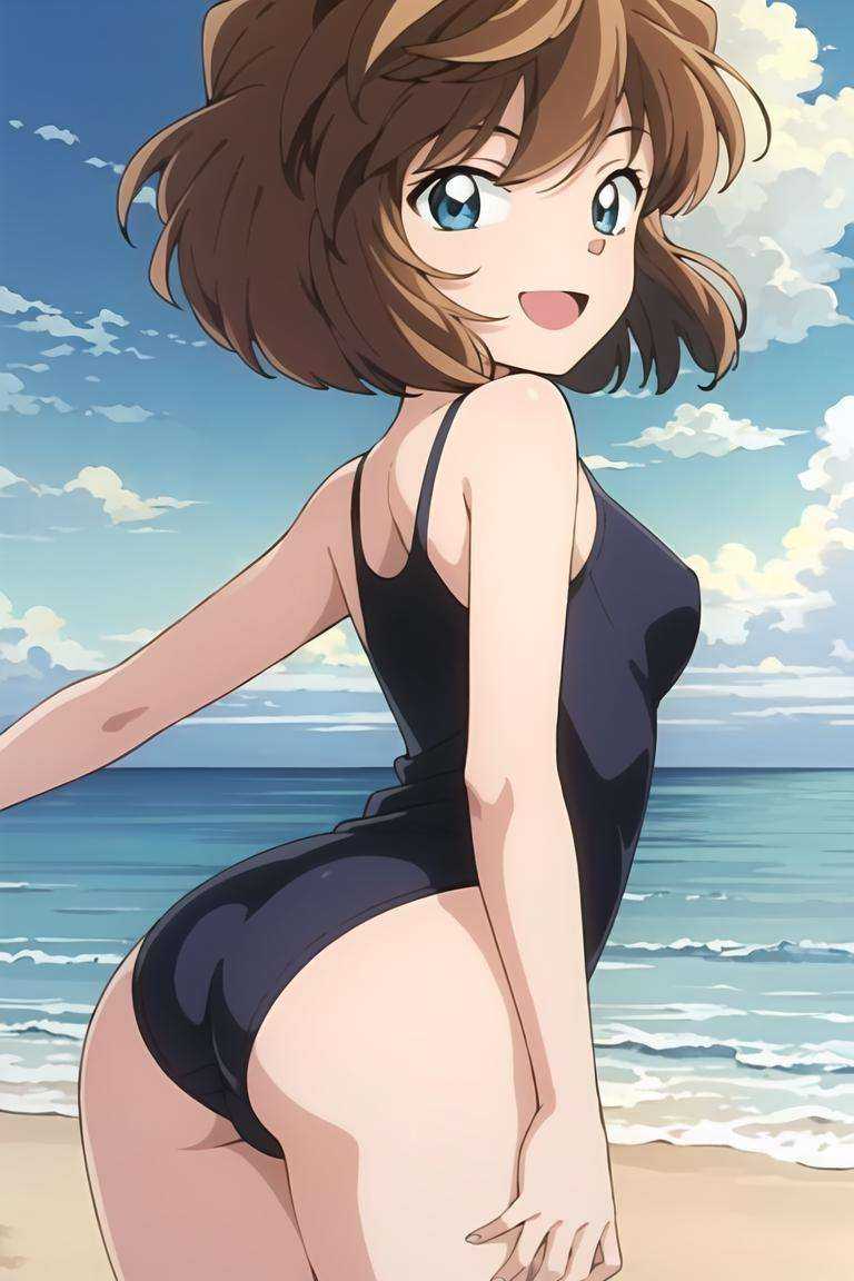 ((masterpiece)),((best quality)),ultra-detailed,illustratio,Explicit,Beautiful body,Beautiful Nose,Beautiful character design,perfect eyes,perfect face,wallpaper,ultra highres,4K,photography,(Beautiful,small breasts:1.2),(beautiful face:1.2),beautiful legs,perfect legs,nsfw,shiny skin,official style,official art,sanime screencap,anime coloring,1girl, swimsuit, ass, outdoors, solo, one-piece swimsuit, beach, sky, cloud, blue eyes, day, looking at viewer, smile, ocean, open mouth, looking back, blush, black one-piece swimsuit, brown hair, breasts, bangs, blue sky, short hair, from behind, water, school swimsuit, sand, cowboy shot,  <lora:Haibara Ai:0.7>