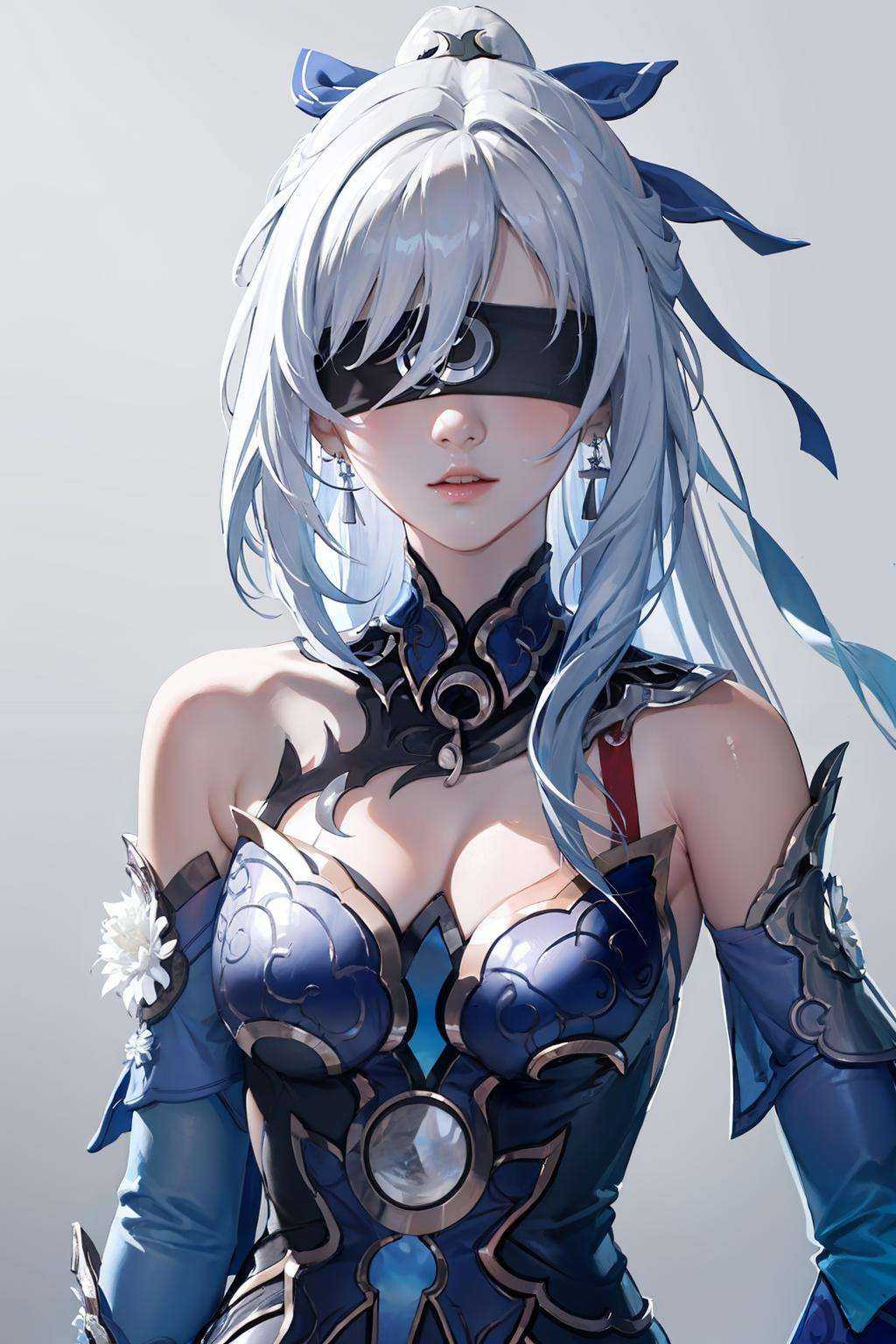 masterpiece, best quality,  <lora:jingliu-mver-000008:1>,jingliu,1girl,white hair,long hair,ponytail,hair ribbon,blindfold, earrings, jewelry, blue dress,bare shoulders, detached sleeves, grey background, 