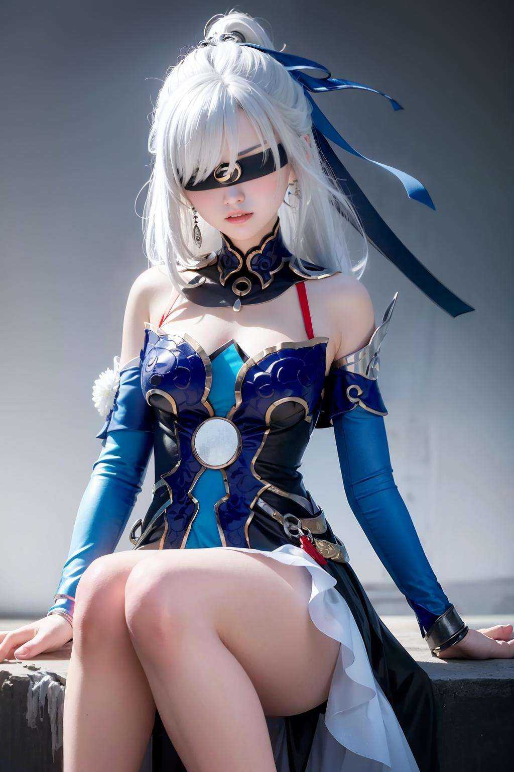 masterpiece, best quality,  <lora:jingliu-mver-000008:1>,jingliu,1girl,white hair,long hair,ponytail,hair ribbon,blindfold, earrings, jewelry, blue dress,bare shoulders, detached sleeves,