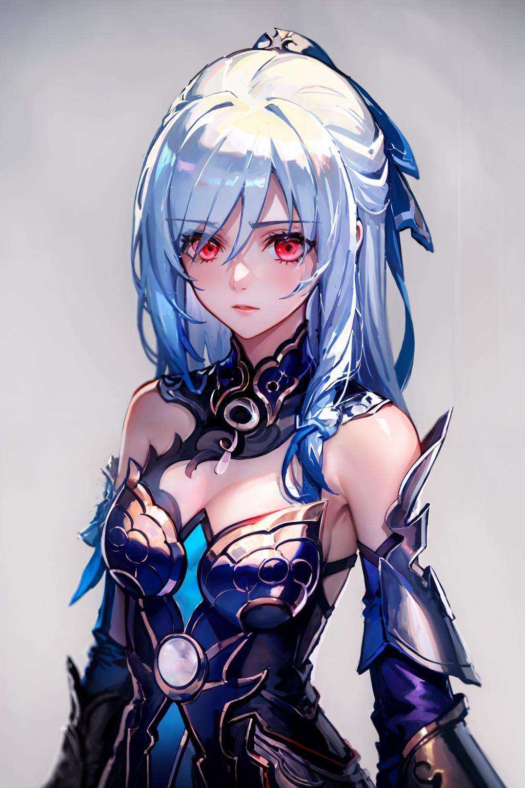 masterpiece, best quality,  <lora:jingliu-mver-000008:1>,<lora:style03:1>,jingliu,1girl, breasts, solo, long hair, white background, cleavage, upper body, simple background, dress, white hair, red eyes, medium breasts, bare shoulders, bow, closed mouth, hair bow, bangs