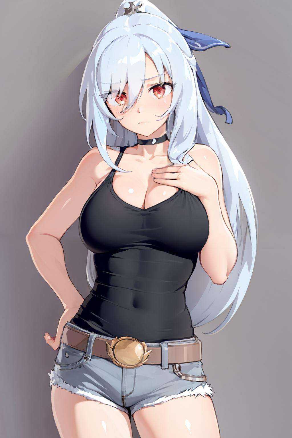 masterpiece, best quality,  <lora:jingliu-mver-000008:1>,<lora:style04:1>,jingliu, 1girl, breasts, solo, long hair, shorts, shirt, white shorts, cleavage, black shirt, red eyes, white background, choker, bangs, closed mouth, hand on hip, looking at viewer, black choker, belt, simple background, large breasts, sideboob, grey hair, hair between eyes, fu hua, very long hair, sleeveless shirt, cowboy shot, hand on own chest, ponytail, hair ornament, short shorts, sleeveless, collarbone, jewelry, standing