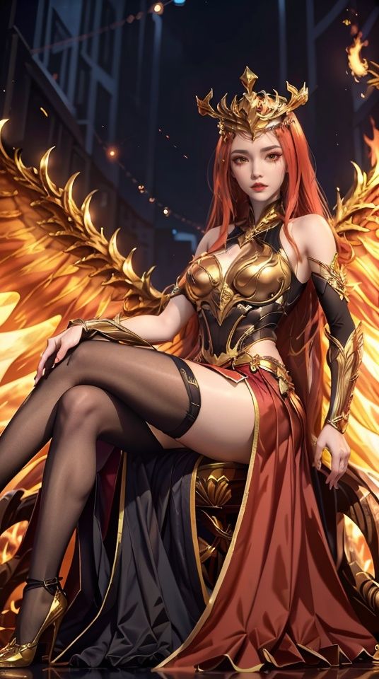 Full body,A woman,Mature women,30 years old,red long hair,Sitting on a chair,Makeup,Wearing Flame Apparel,Skirt armor,A woman with wings,palace,Unfold wings,,<lora:a08cacf882db209123f801492faab81983d8ac27e09da25a91137b501a8eca4a:0.7>