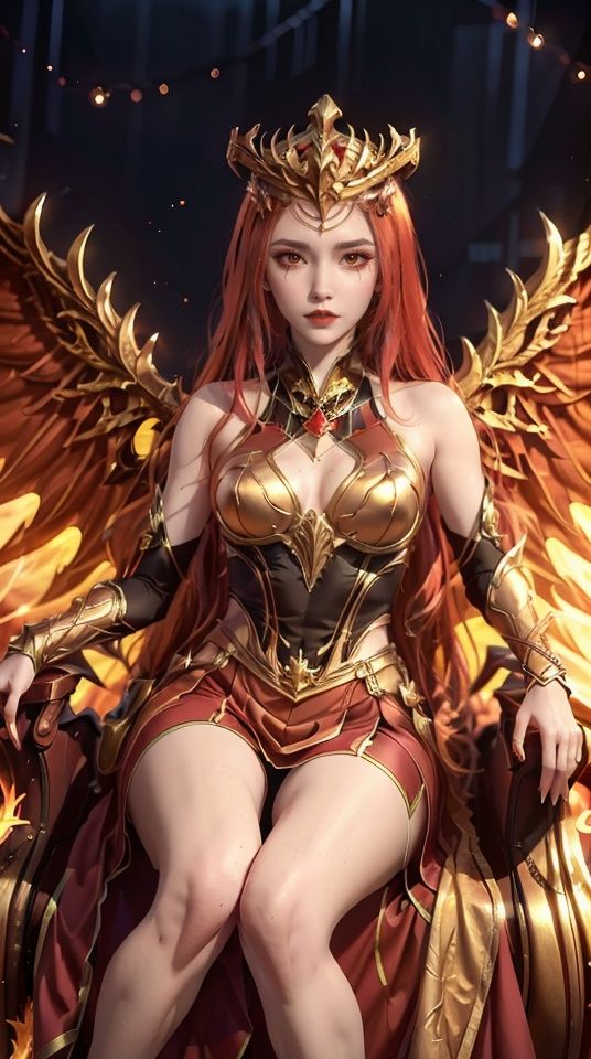 Full body,A woman,Mature women,30 years old,red long hair,Sitting on a chair,Makeup,Wearing Flame Apparel,Skirt armor,A woman with wings,palace,Unfold wings,,<lora:a08cacf882db209123f801492faab81983d8ac27e09da25a91137b501a8eca4a:0.7>