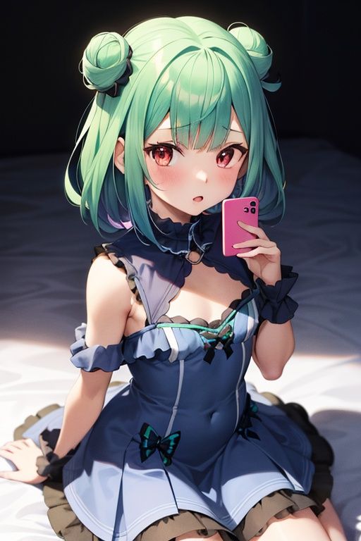 1girl,  anime girl with green hair and blue dress holding a cell phone,  anime girl with teal hair on Tensor.Art