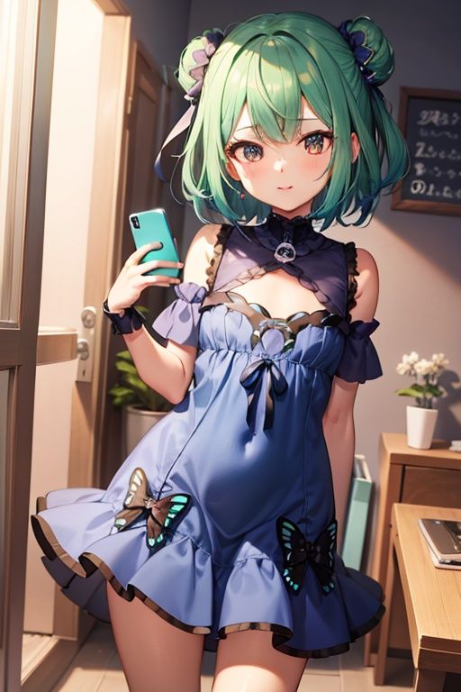 1girl,  anime girl with green hair and blue dress holding a cell phone,  anime girl with teal hair on Tensor.Art