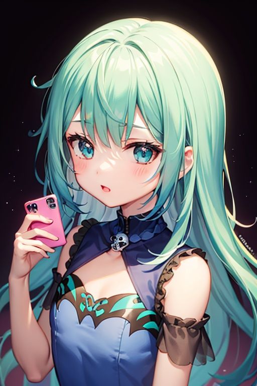 1girl,  anime girl with green hair and blue dress holding a cell phone,  anime girl with teal hair on Tensor.Art