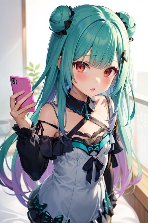 1girl,  anime girl with green hair and blue dress holding a cell phone,  anime girl with teal hair on Tensor.Art